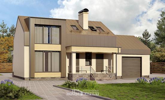150-015-Л Проект двухэтажного дома мансардный этаж, гараж, бюджетный домик из пеноблока Котово | Проекты домов от House Expert